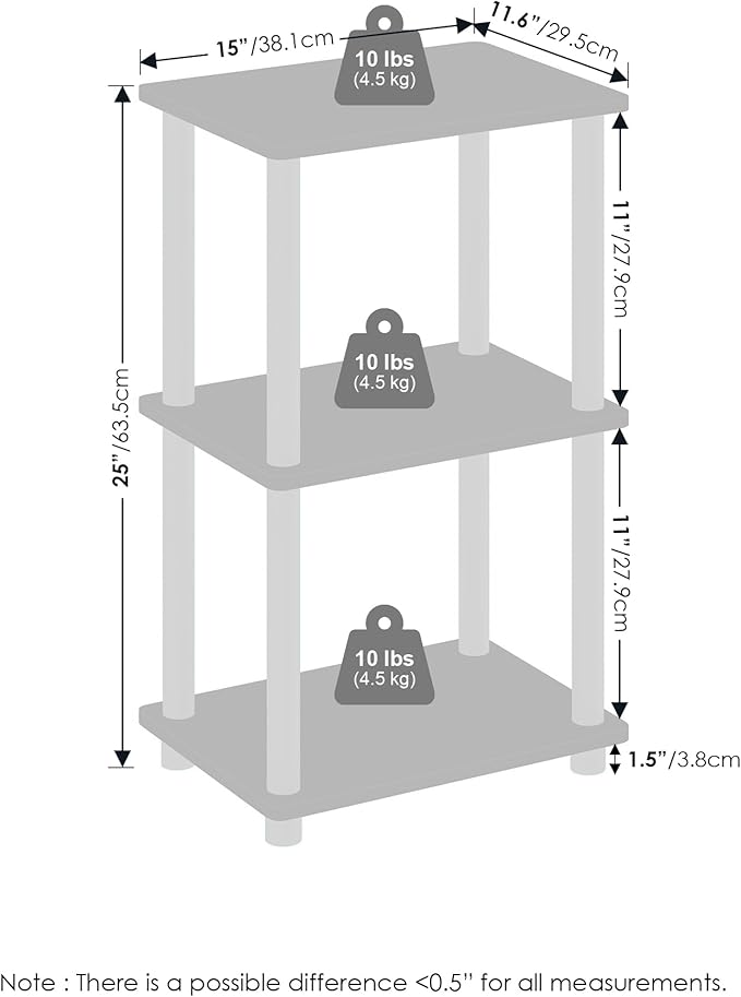 Furinno Turn-N-Tube Side Table, 2-Tier End Table with Open Shelf, Easy Assembly Night Stand, Bedside Table with Round Tube, for Living Room, Bedroom, Walnut