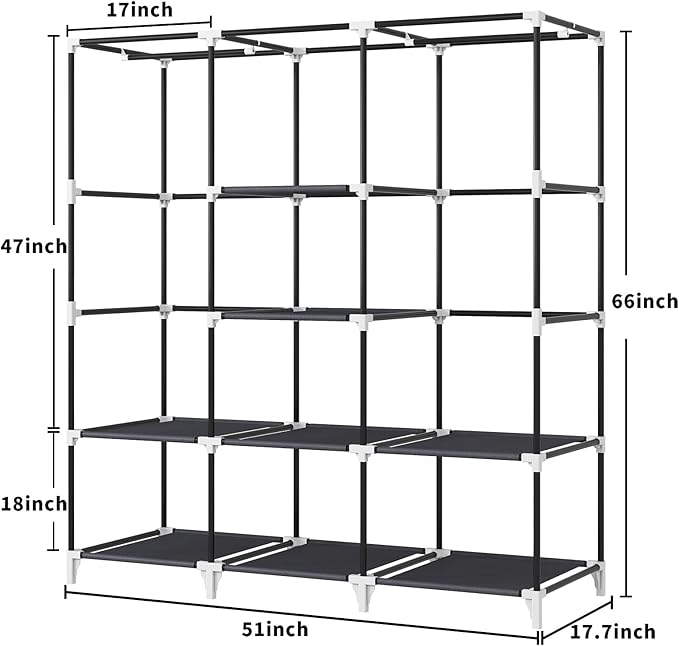 51 Inch Grey Portable Closet Bundle with 51 Inch Black Portable Wardrobe with 4 Hanging Rods, 16 Storage Organizer Shelves, Durable and Easy to Assemble