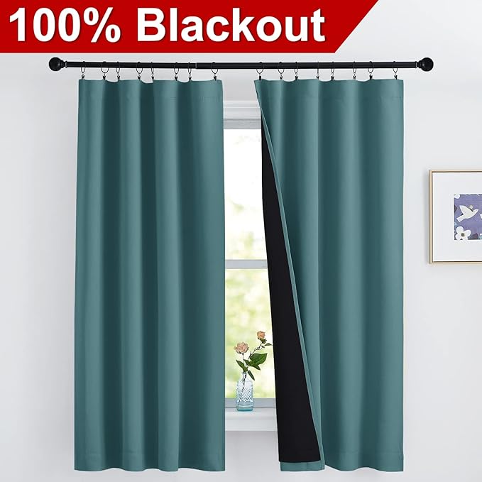 NICETOWN 100% Blackout Curtain Panels, Thermal Black Liner Curtains for Nursery Room, Noise Reducing and Cold Blocking Drapes for Windows (Set of 2, Sea Teal, 42 inches Wide by 63 inches Long)