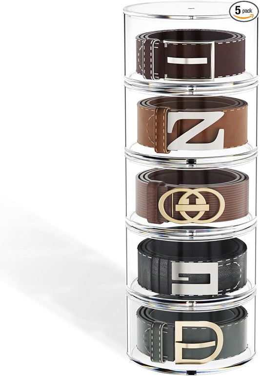 FEMELI Belt Organizer, Acrylic Belt Storage Holder for Closet & Drawer, 5-Layer Stackable Display Case for Belts, Watches, Jewelry and Ties