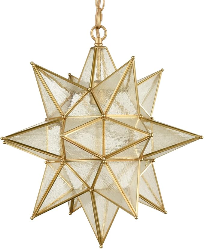 DIRYZON Moravian Star Pendant Light 20-Inch Large Hanging Ceiling Light Modern Gold Finish with Seeded Glass Adjustable Chain