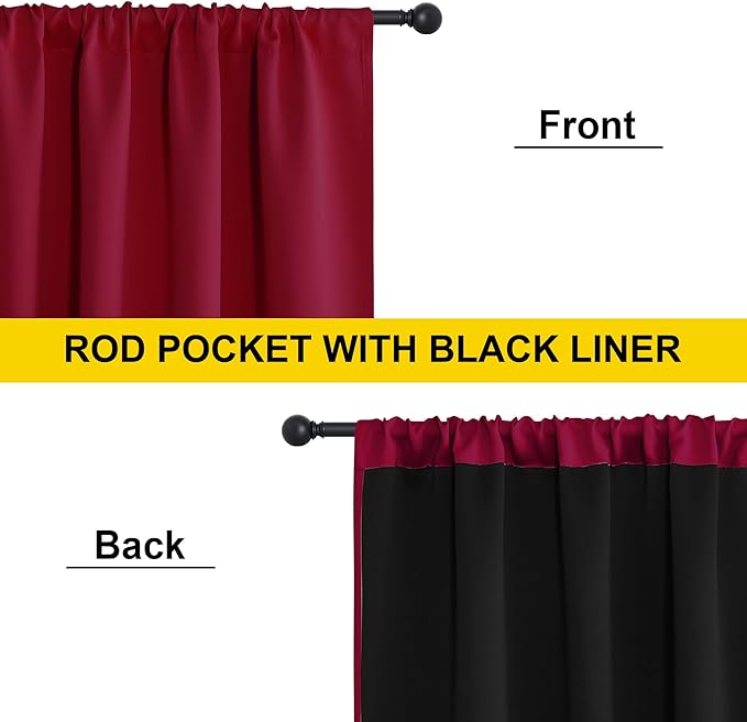 NICETOWN Wine Red 100% Blackout Curtain Panels, Rod Pocket Window Curtains with Black Liner for Nursery, 52 inches Wide Each Panel, 84 inches Drop Cold and Full Light Blocking Draperies (2 Pieces)