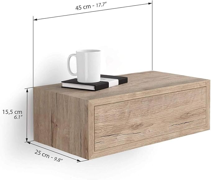 Mobili Fiver, Riccardo Floating nightstand, Oak, 17.7" x 9.8" x 6.1 ", Melamine-Finished, Modern Bedside Table, End Table, Italian Furniture