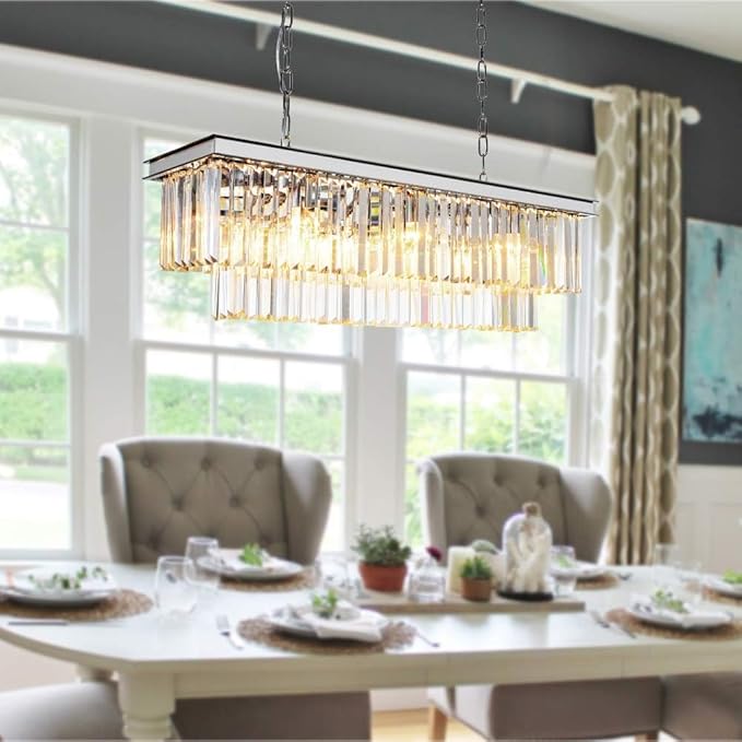 L39.4 Chrome Rectangle Modern Crystal Chandeliers Lighting Rectangular Pendant Ceiling Lights Fixture Lamp for Dining Living Room