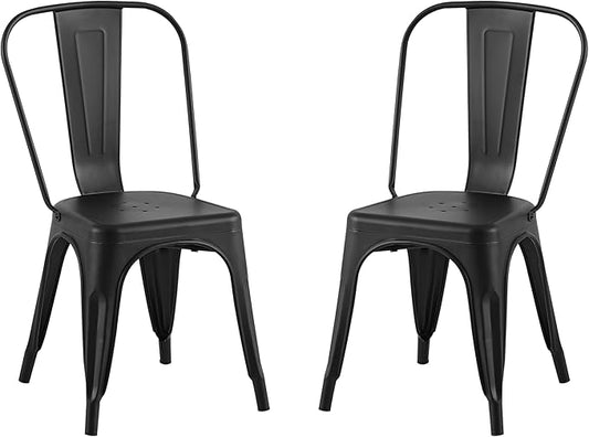 AC Pacific Stackable Metal Dining Chairs Set of 2 for Indoor and Outdoor Use, Durable Stacking Seat, Farmhouse Kitchen, Bar, Patio, Bistro, Cafe, Industrial Style, 2pcs, Matte Black