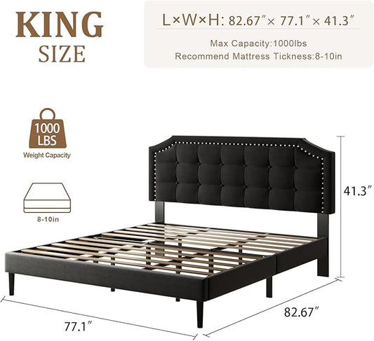King Size Bed Frame, King Size Platform Bed Frame with Upholstered Button Tufted Headboard, Strong Wood Slats, No Box Spring Needed, Mattress Foundation, Easy Assembly Black