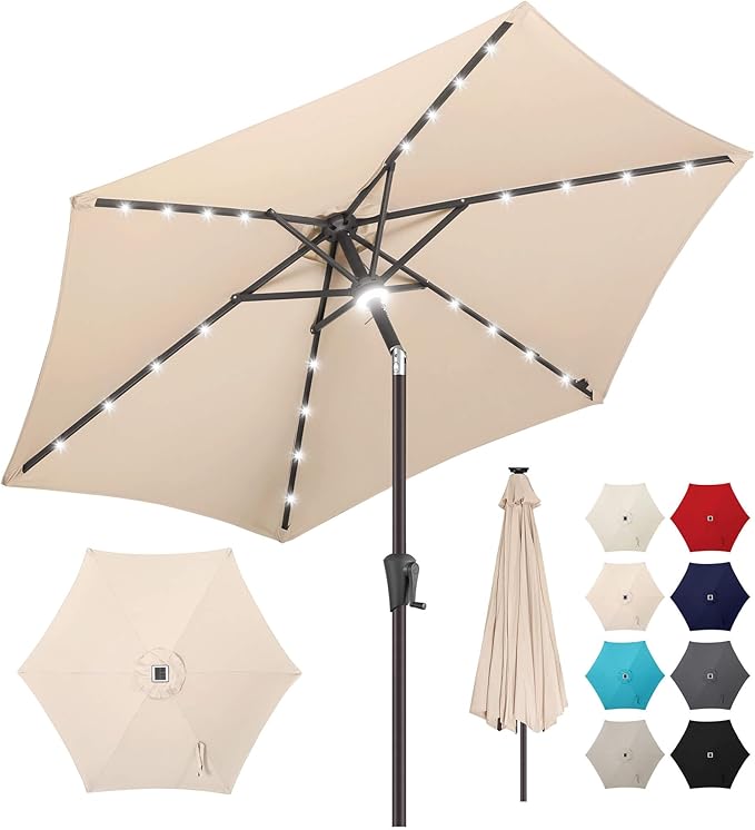 7.5ft Solar Umbrella Outdoor - Lighted Solar Patio Umbrella with 24 LED Lights Waterprool UV Protection, Table Umbrella with Tilt for Pool, Porch, Garden, Deck, Backyard (Beige)