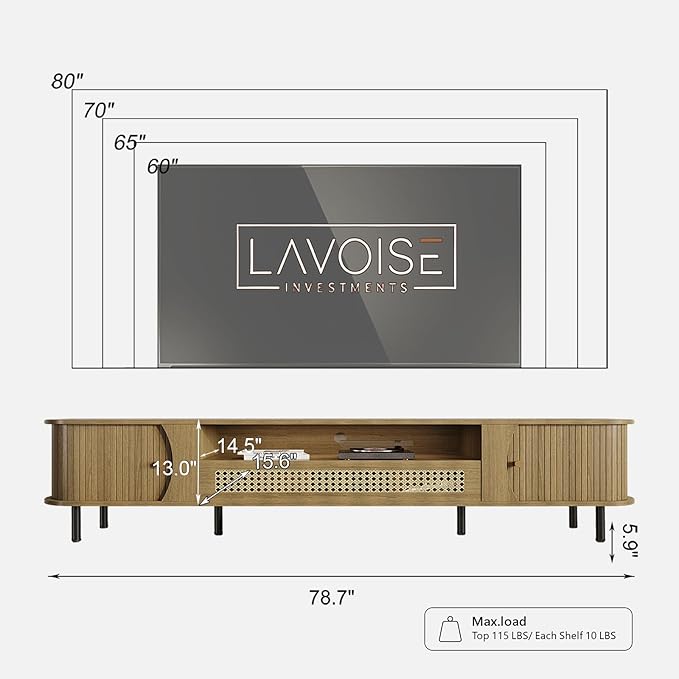 basenji 79" Fluted TV Stand with Sliding Doors & Rattan,Mid Century Modern Entertainment Center with Storage,Curved Edge Design,Media Console for TVs up to 85",TV Consoles for Living Room,Wood