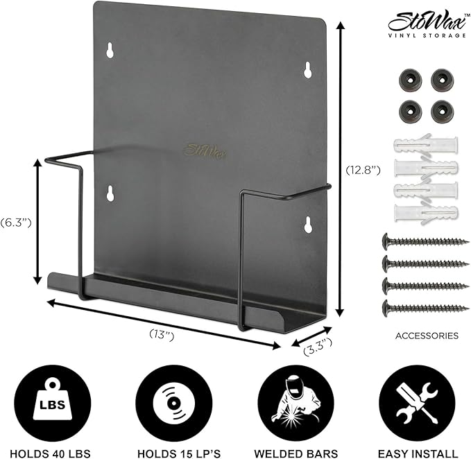 Vinyl Storage Display Holder (2pk) - Wall Mount Record Shelf - Matte Black, Fits 30 LPs, Minimalist Steel Shelves, Frame Album Art