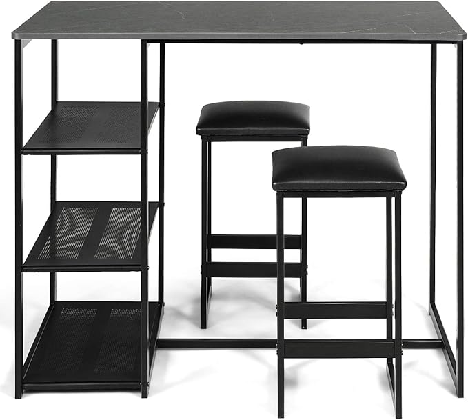 COSTWAY 3-Piece Dining Set, Compact 2 Chairs and Table Set, Kitchen Set with Rectangular Faux Marble, 3 Metal Storage Shelves, Fashionable Simple Style, Kitchen Counter Height Table Set (Black)