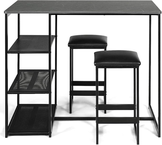 COSTWAY 3-Piece Dining Set, Compact 2 Chairs and Table Set, Kitchen Set with Rectangular Faux Marble, 3 Metal Storage Shelves, Fashionable Simple Style, Kitchen Counter Height Table Set (Black)