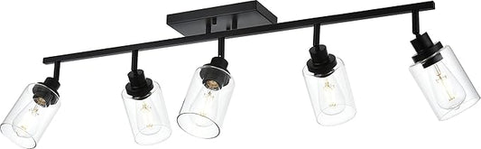 MELUCEE 5 Light Vanity Lights for Bathroom with Rotatable Light Head, Black Ceiling Light Fixture with Clear Glass Shade, Modern Spotlight Track Lighting Kit for Hallway Porch Foyer Bath