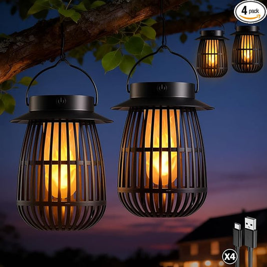 Gen2 Flame Solar Lanterns Outdoor Waterproof, 4Pack Hanging Lantern Decorative Indoor, Flickering Garden Lights Glow in the Dark, Camp Lamp Solar Lights for Outside Patio Tree Porch Table Yard Decor