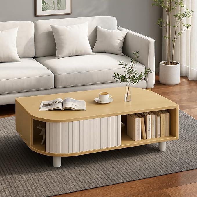 Boho 39.4" Coffee Table with Storage - Leaf-Shaped Wood Center Table, Retro Fluted Central Table with Sliding Door for Living Room Home Office, Oak