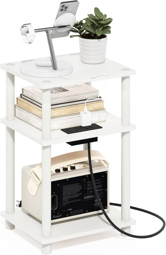 Furinno JUST Side Table, 3-Tier Modern End Table with Charging Station, Easy Assembly Night Stand, Bedside Table with USB and Type-C Charging Port, for Living Room, Bedroom, White