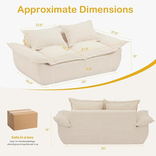 59" Boneless Loveseat Sofa, 2-Seater Beige Boneless Sofa with Removable Cushions & 2 Pillows, Small Couch Boneless Compress Foam Sofa for Living Room, Apartments, & Office