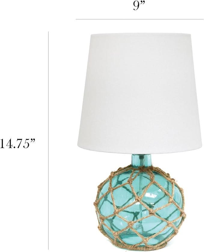 Elegant Designs LT1050-AQU Buoy Rope Nautical Netted Coastal Ocean Sea Glass Table Lamp with White Fabric Shade, Aqua