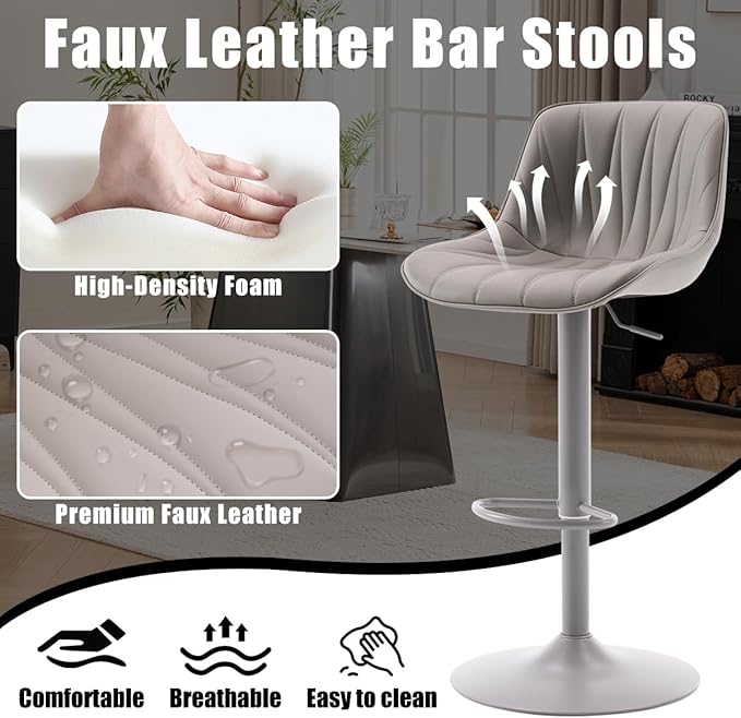 Kidol & Shellder Bar Stools Set of 2 Gray Adjustable Swivel Counter Height Barstools Upholstered Modern PU Leather Bar Chairs Stools for Kitchen Island