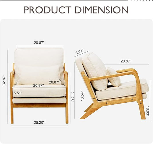 Modern Accent Chair with Lumbar Pillow, Relaxing Mid Century Chair Armchair with Solid Wood Frame & Soft Cushion, Reading Leisure Armchair for Living Room, Beige