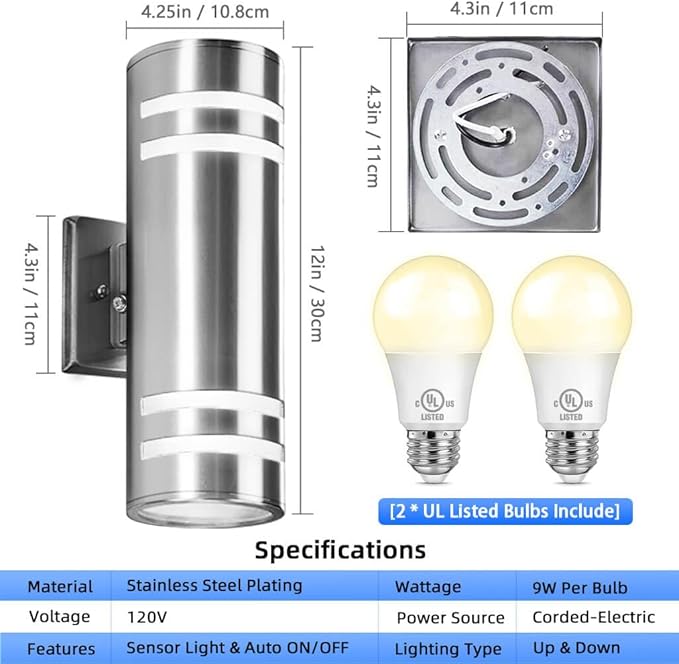 RAYVO Dusk to Dawn Outdoor Wall Light, Up Down Stainless Steel Exterior Light Fixture with Photocell Sensor, Waterproof Outdoor Sconce Lights for House Porch Garage Patio, LED Bulbs Included