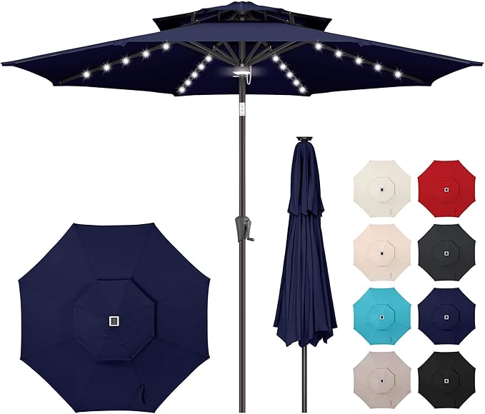 9ft Solar Umbrella Outdoor - 2 Tiers Lighted Solar Patio Umbrella with 40 LED Lights Waterprool UV Protection, Table Umbrella with Tilt for Pool, Porch, Garden, Backyard (Navy Blue)
