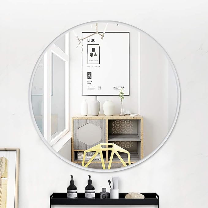 Muzilife 24" Round Mirror, Bathroom Circle Mirror, Silver Wall Mirrors with Modern Brushed Metal Frame, Suitable for Wall Hanging Decoration, Living Room, Bedroom