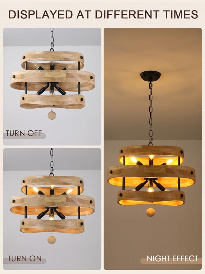 20" Farmhouse Chandelier with Light, 6-Light Rustic Drum Chandelier Over Table, Wood Dining Room Light Fixtures for Kitchen Island Living Room Entryway