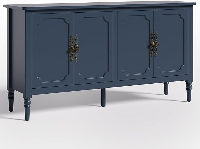 Console Table, 58'' Mid Century Modern Pantry Cabinet, Wood Buffet Sideboard, Media Credenza with 4 Doors, Accent Storage for Entryway, Living Room, Bedroom, Dining Room(Coastal Blue-1)