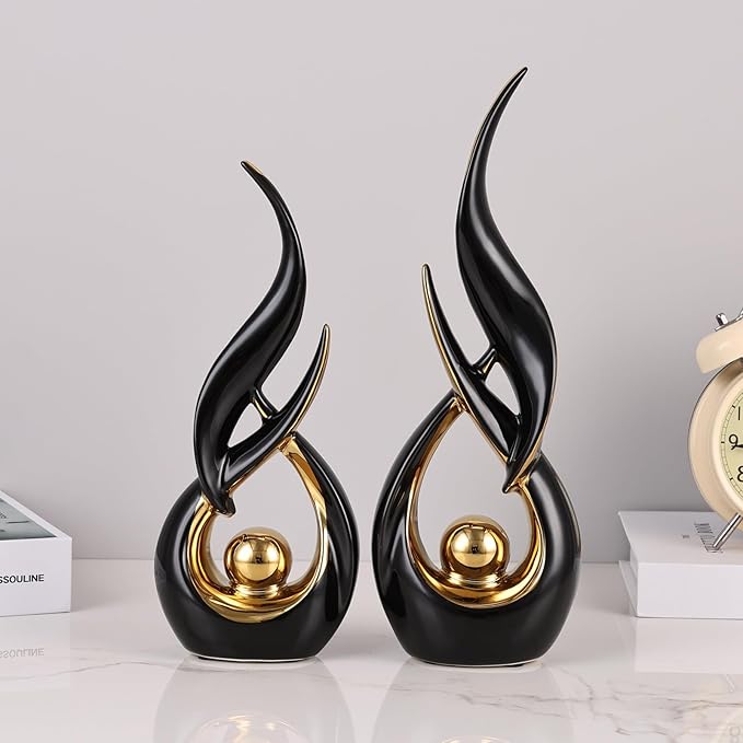 2 PCS Black Gold Ceramic Statues For Home Decor Accents, Modern Abstract Art Sculptures, Elegant Tabletop Decorative Objects For Dining Room, Entryway, Tv Stand, Mantel, Coffee Table Centerpieces