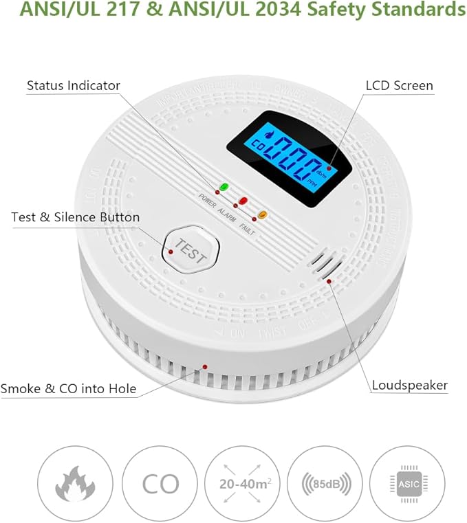 Smoke and Carbon Monoxide Detector Combo, Fire Alarms Smoke detectors and Smart co Detector with Battery Powered for Home, Travel or RV, Portable, Digital Display (1 Pack)