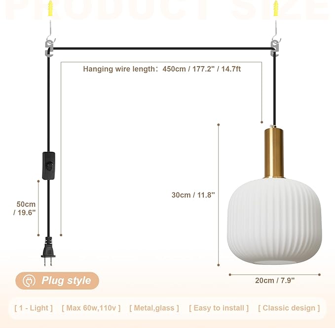 White Pendant Lights Plug in Milk Glass Hanging Light with Plug in Cord 14.75FT Adjustable Mid Century Hanging Lights for Kitchen Island Dining Room Living Room Bar, 2 Pack