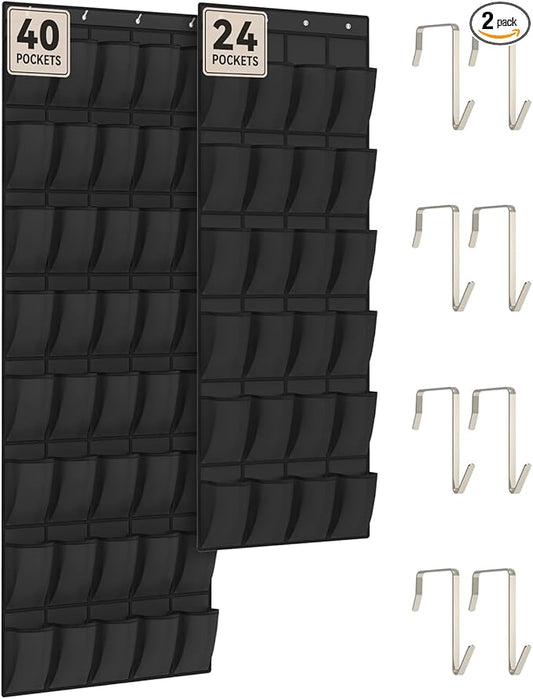 dodowin Over the Door Shoe Organizers, 2 Pack (24 & 40 Pockets) - Hanging Shoe Rack with 4 Metal Hooks, Space Saving Foldable Storage for Closet Door, Black