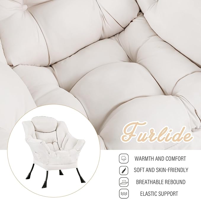 Lazy Chair for Living Room, Modern Accent Chairs with Armrests, Beige Armchairs with Side Pocket, Cozy Lazy Sofa for Reading, Balcony, Bedroom, Dorm, Small Spaces