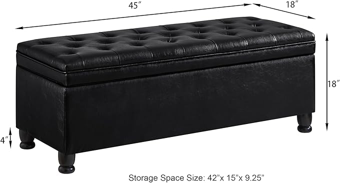 Upholstered Ottoman with Storage,Entryway Bench with Tufted Buttons and Spindle Wooden Legs for Living Room,Bedroom,Black PU
