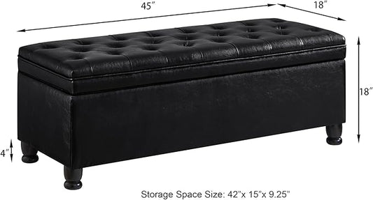 Upholstered Ottoman with Storage,Entryway Bench with Tufted Buttons and Spindle Wooden Legs for Living Room,Bedroom,Black PU