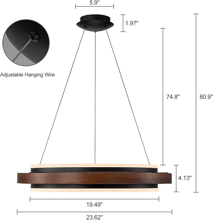 Modern Wooden LED Chandelier, 24" Dimmable Farmhouse Walnut Color Round Dining Room Light Fixtures, 2 Ring Wood Hanging Pendant Light for Kitchen Island Over Table Bedroom Office Living Room