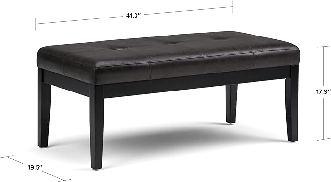 SIMPLIHOME Lacey Tufted Ottoman Bench - 41 inch Wide Upholstered Vegan Leather Rectangle Ottoman in Distressed Black, Contemporary Bench for Bedroom or Entryway with Stitching Detail, Assembled