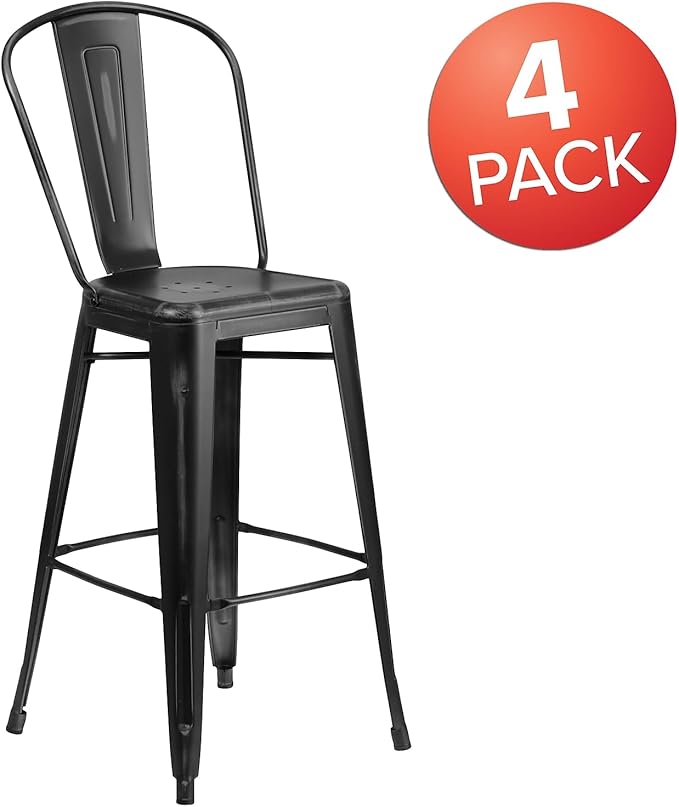 Flash Furniture Blake Commercial Grade 4 Pack 30" High Distressed Black Metal Indoor-Outdoor Barstool with Back