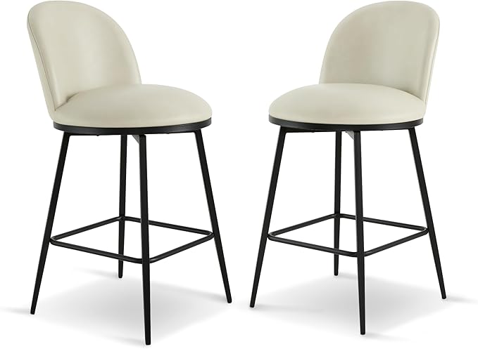 Swivel Bar Stools Set of 2, 26" H Upholstered Faux Leather Barstools with Backs,Counter Height Stools with Metal Legs for Kitchen Island,Cream,1 Box