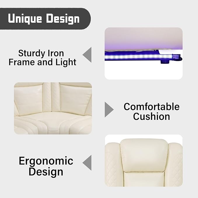 Power Recliner Sectional Sofa with LED, Breathing Leather Reclining Sectional Couch, L Shaped Couch with Dual Recliners, USB Port, Cup Holder&Storage for Living Room (Cream White Pro)