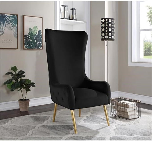 Meridian Furniture 536Black Alexander Collection Modern | Contemporary Velvet Upholstered Accent Chair with Sturdy Gold Metal Legs and Deep Button Tufting on Back, 27" W x 33" D x 51" H