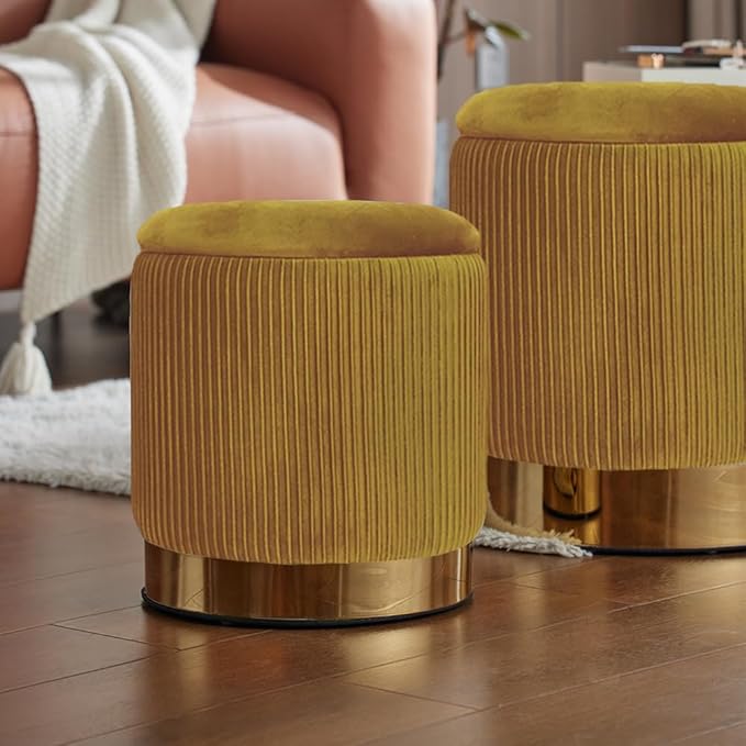 Round Set of 2 Velvet Ottoman with Storage,Round Yellow Storage Ottoman for Living Room or Dorm, Vanity Stool Chair for Bedroom