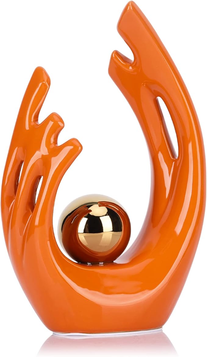 9.5"H Orange Gold Aesthetic Room Decor Accent, TV Stand Funky Table Centerpiece, Abstract Art Ceramic Statue and Sculpture, Orange Decor for Living Room, Bookshelf Decorative Objects, Shelf Decor