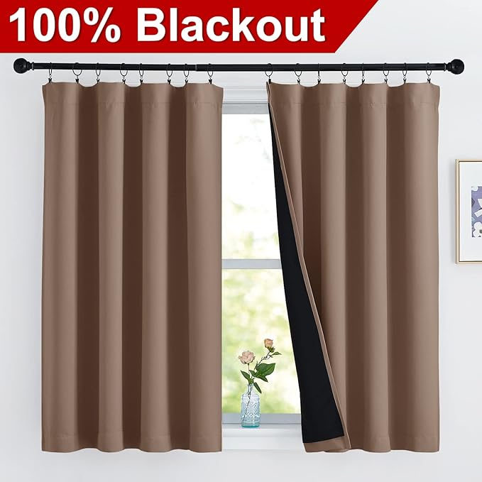 NICETOWN Bedroom Full Blackout Curtain Panels, Super Thick Insulated Window Covers, Keeping Out Cold Air and Heat 100% Blackout Blinds with Black Liner (Cappuccino, Set of 2 PCs, 52 by 54-inch)