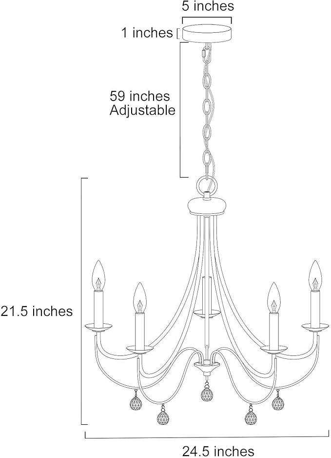 LOG BARN Farmhouse Chandelier, 5-Light Black Chandelier, Modern Dining Room Light Fixture with Crystal Pendants, 24.5” Dia