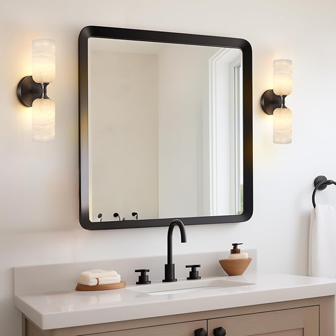 Alabaster Wall Sconce 14in Black Sconces Wall Lighting, Imported Alabaster Modern Marble Bathroom Vanity Sconces, Black Sconce Wall Decor, for Bedroom Living Room Staircases Hallway Foyer