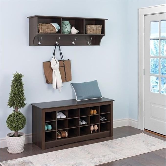 Prepac Brown Shoe Cabinet, Entryway Bench, Mud Room Organization and Storage Bench with 18 Shoe Cubbies 16"D x 48"W x 24"H
