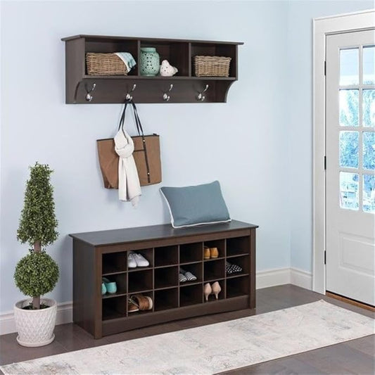 Prepac Brown Shoe Cabinet, Entryway Bench, Mud Room Organization and Storage Bench with 18 Shoe Cubbies 16"D x 48"W x 24"H