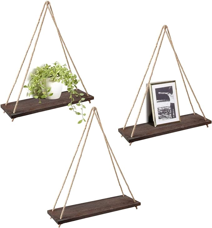 Mkono Wood Hanging Shelves for Wall Boho Decor Swing Rope Rustic Floating Shelf, Set of 3 Wall Display Shelving Home Organizer Rack for Living Room Bedroom Bathroom Kitchen,Brown