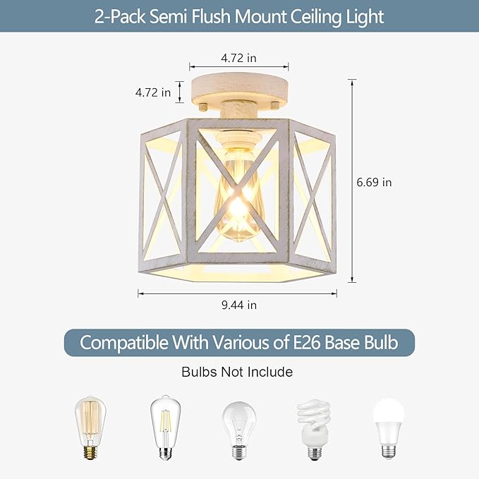 2 Pack White Semi Flush Mount Ceiling Light, Modern Hallway Light Fixture, Vintage Metal Hexagonal Ceiling Lamp for Kitchen Entryway Porch